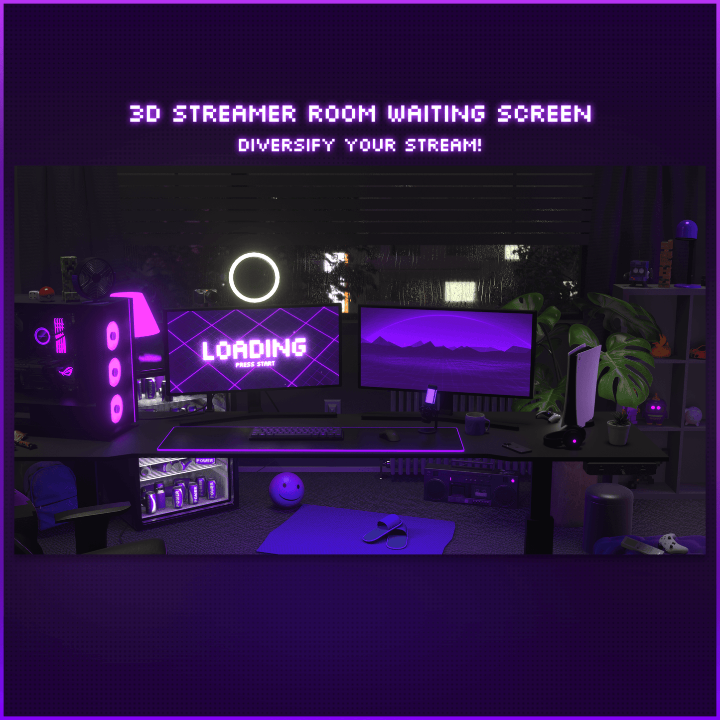 Purple retro neon stream overlays. Streamer room screen.