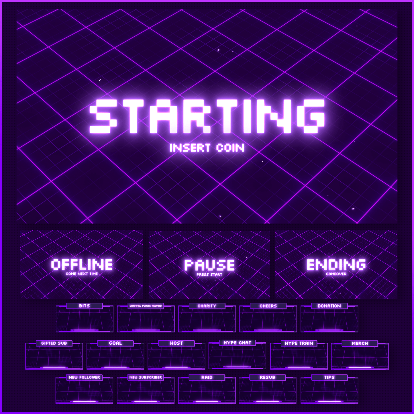 Purple retro neon stream overlays. Stream Starting. Stream offline. Stream alerts.
