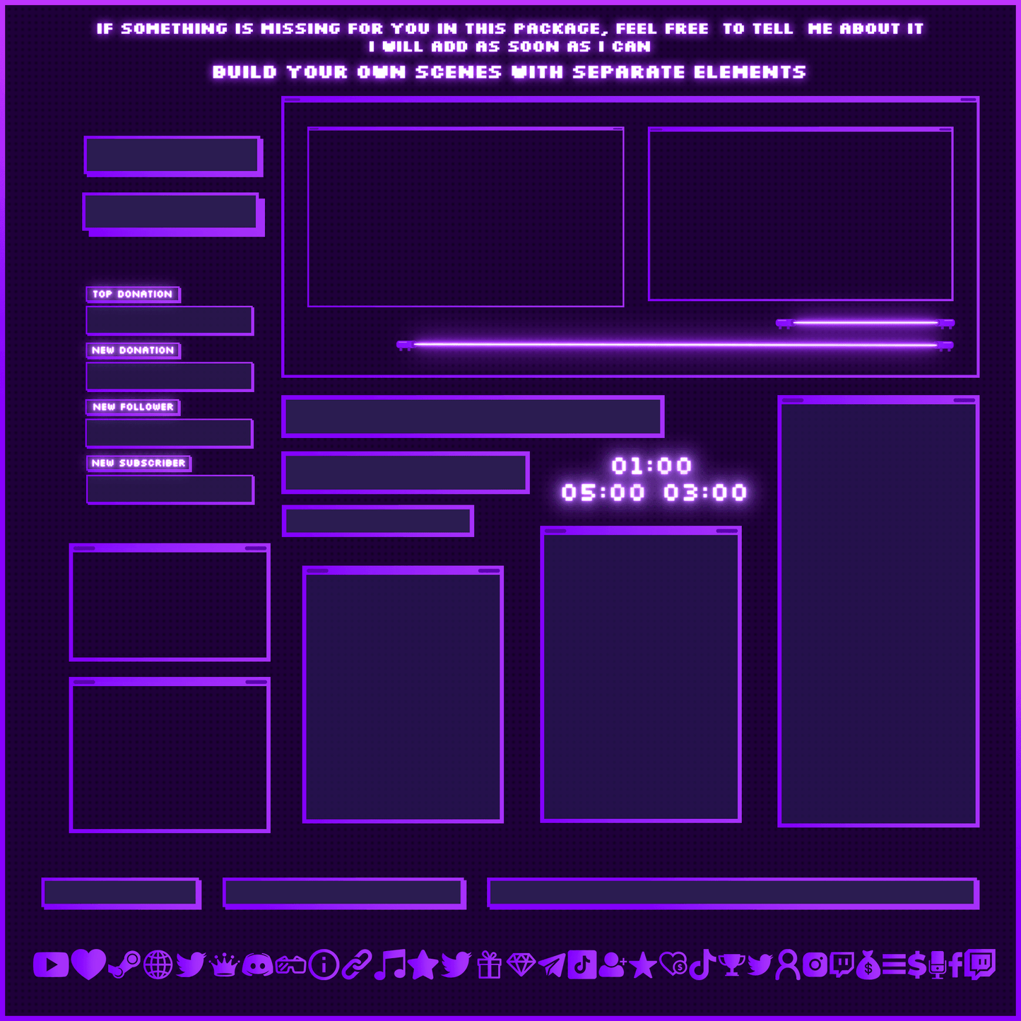Purple retro neon stream overlays. Neon lamps. Webcam overlays. Text bars. Stream labels. Chat boxes. Stream icons.