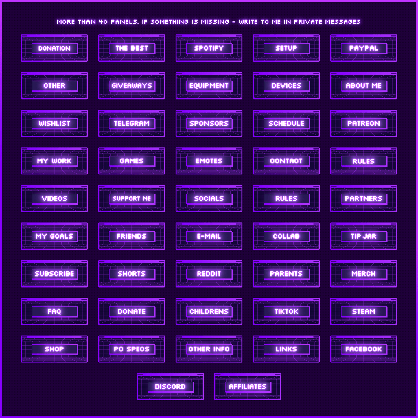 Purple retro neon stream overlays. Stream panels.