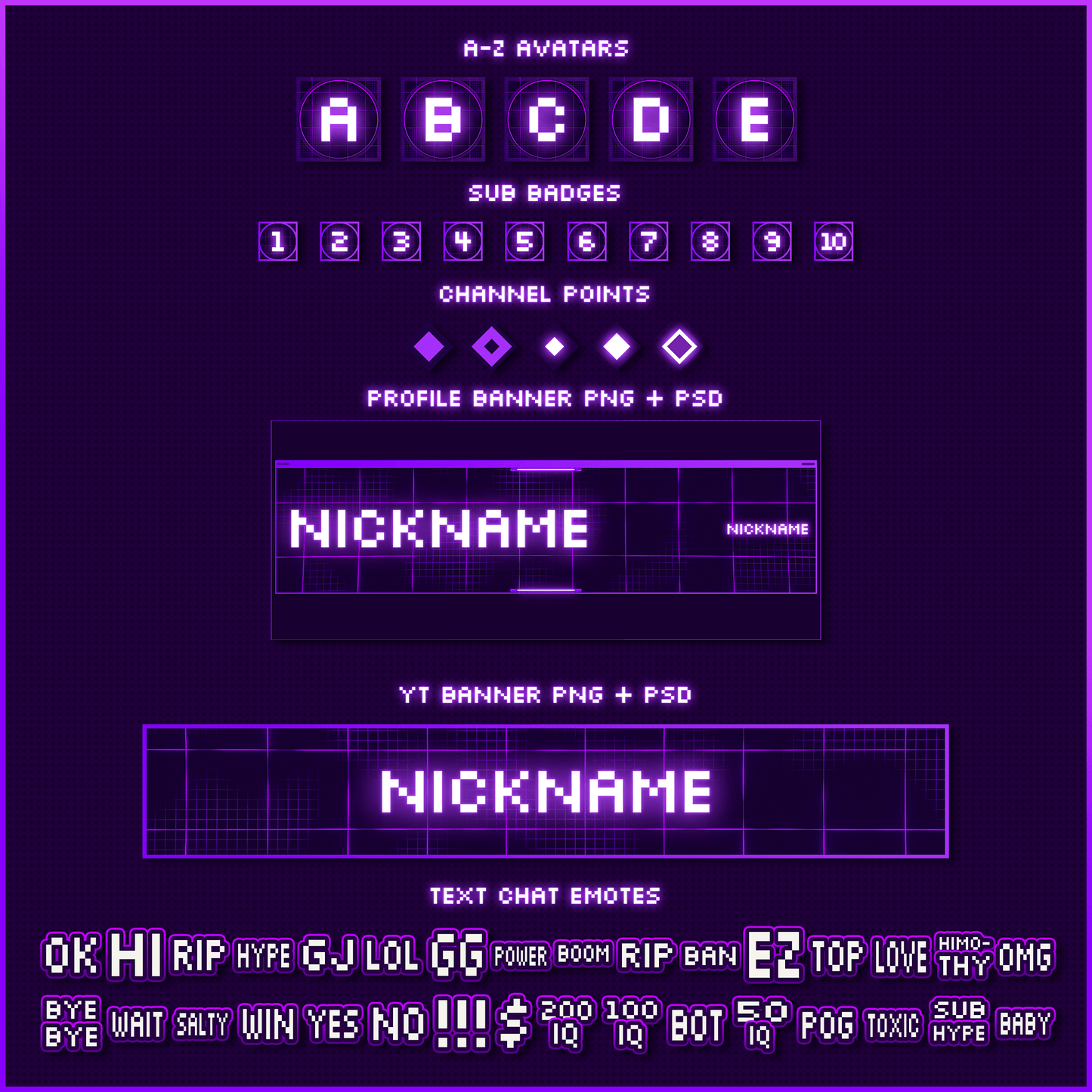 Purple retro neon stream overlays. Avatars, sub badges, profile banner, youtube banner, chat emotes.