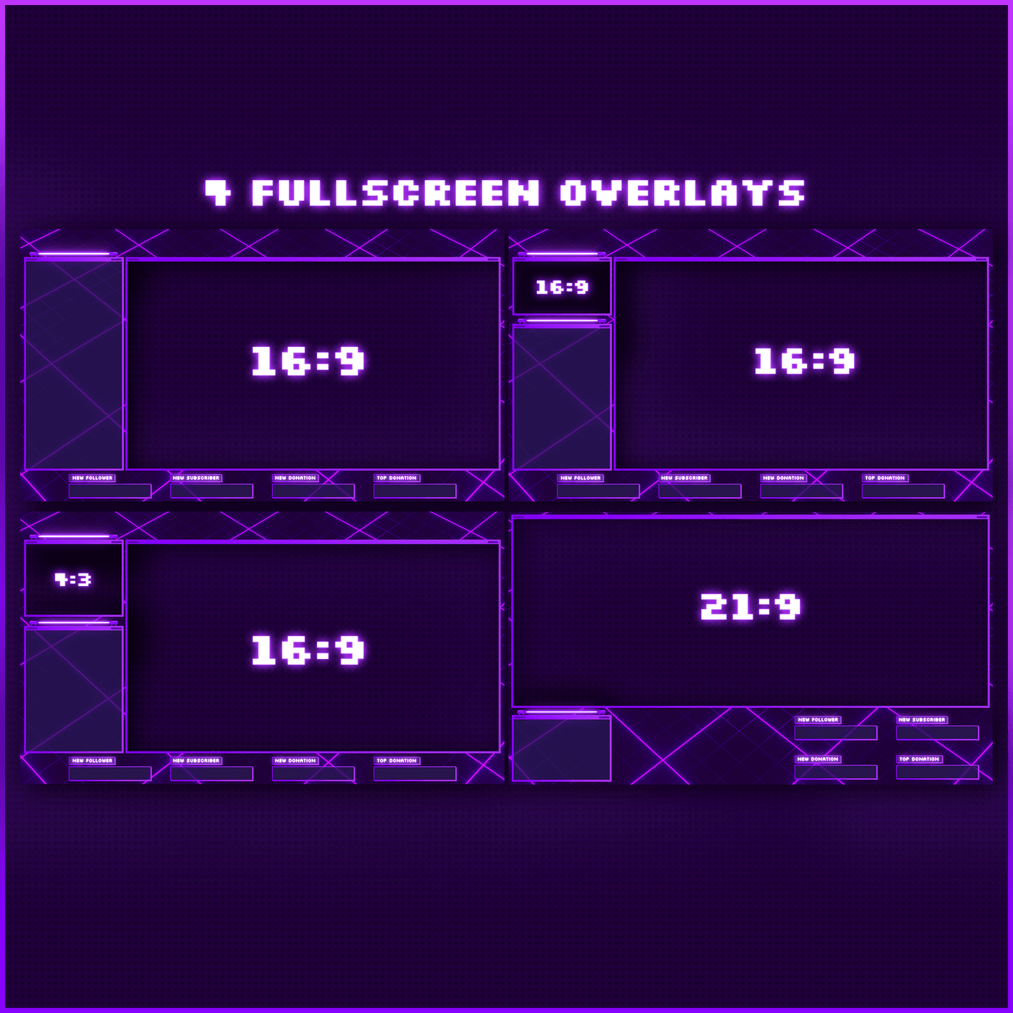 Purple retro neon stream overlays. Fullscreen overlays. Just chatting scene.