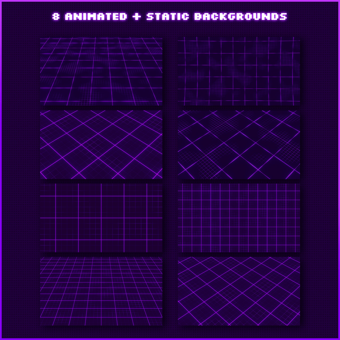 Purple retro neon stream overlays. Animated backgrounds.