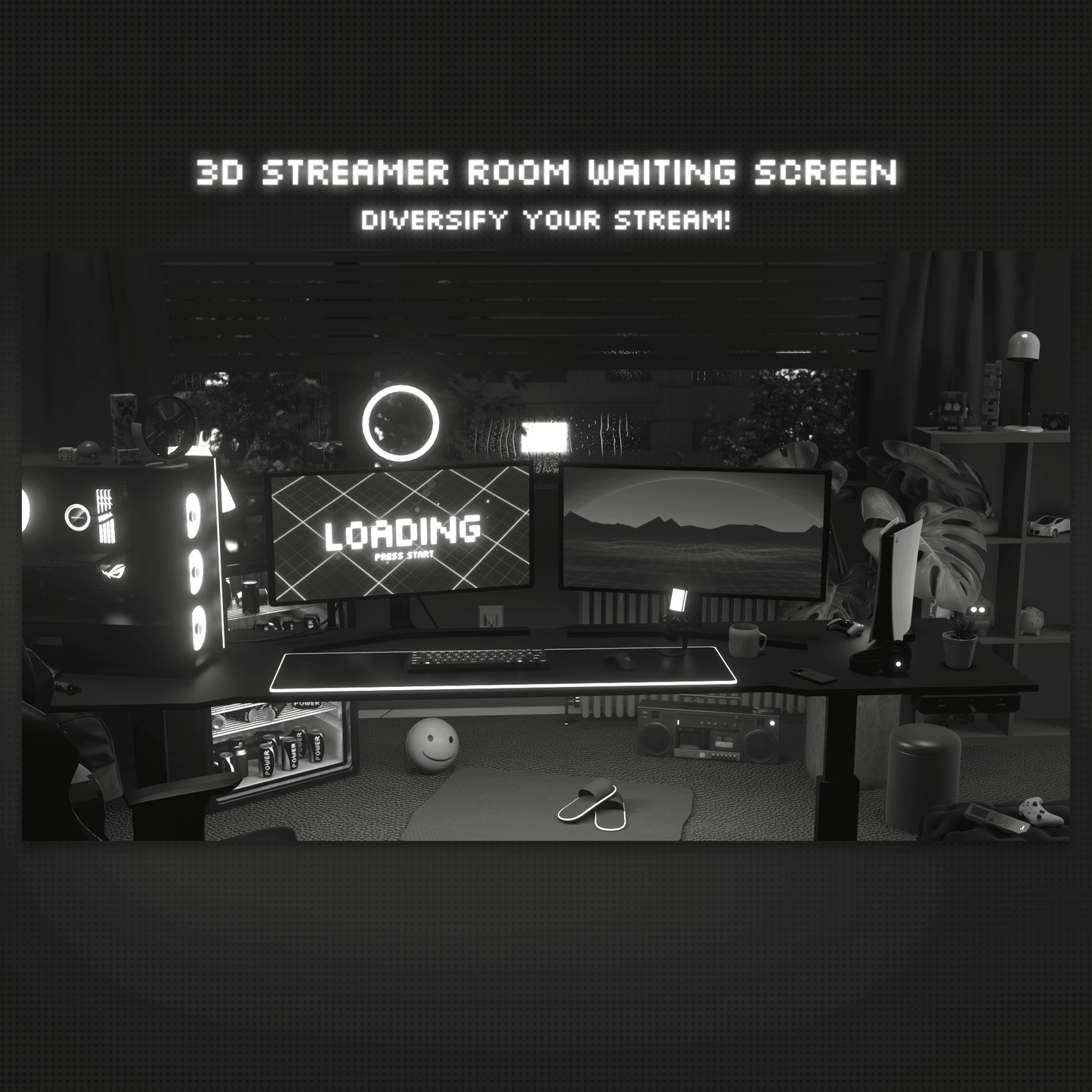 Dark retro neon stream overlays, 3d waiting screen scene