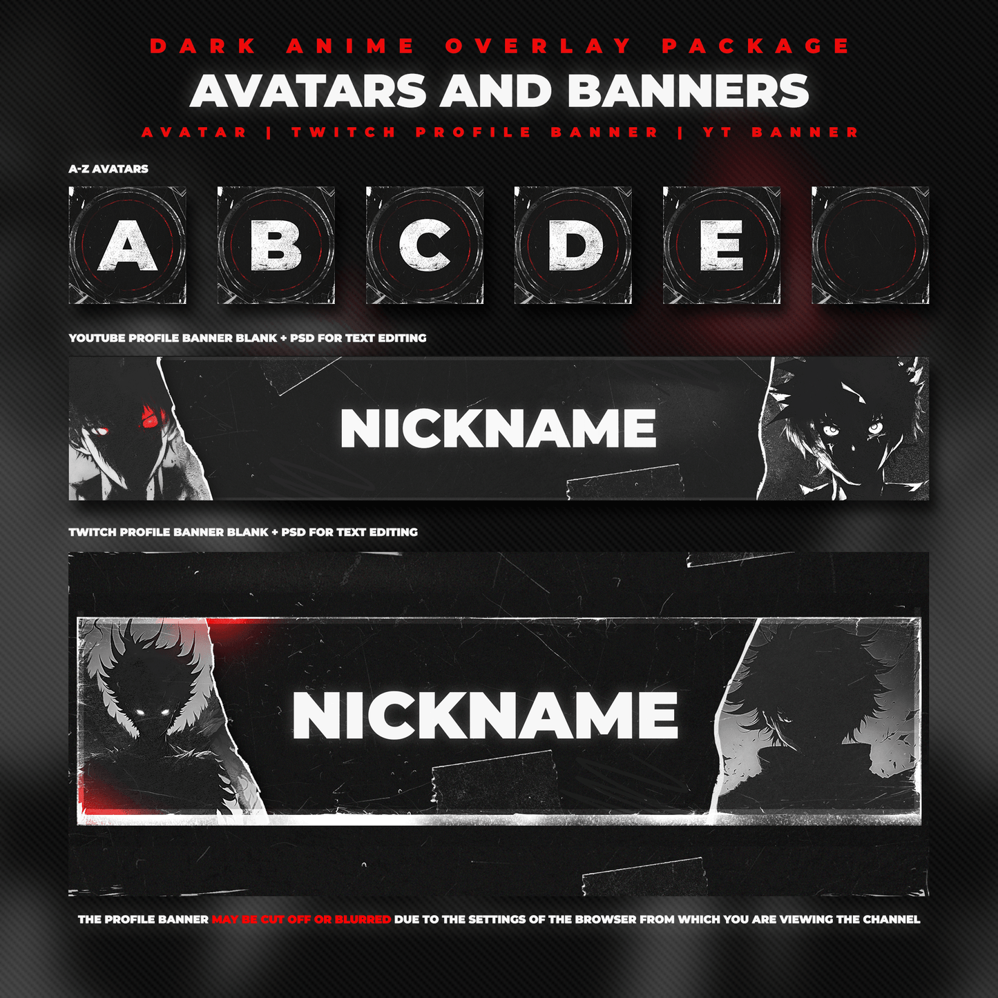 Dark anime stream overlays. Avatars, youtube banner, twitch profile banner.