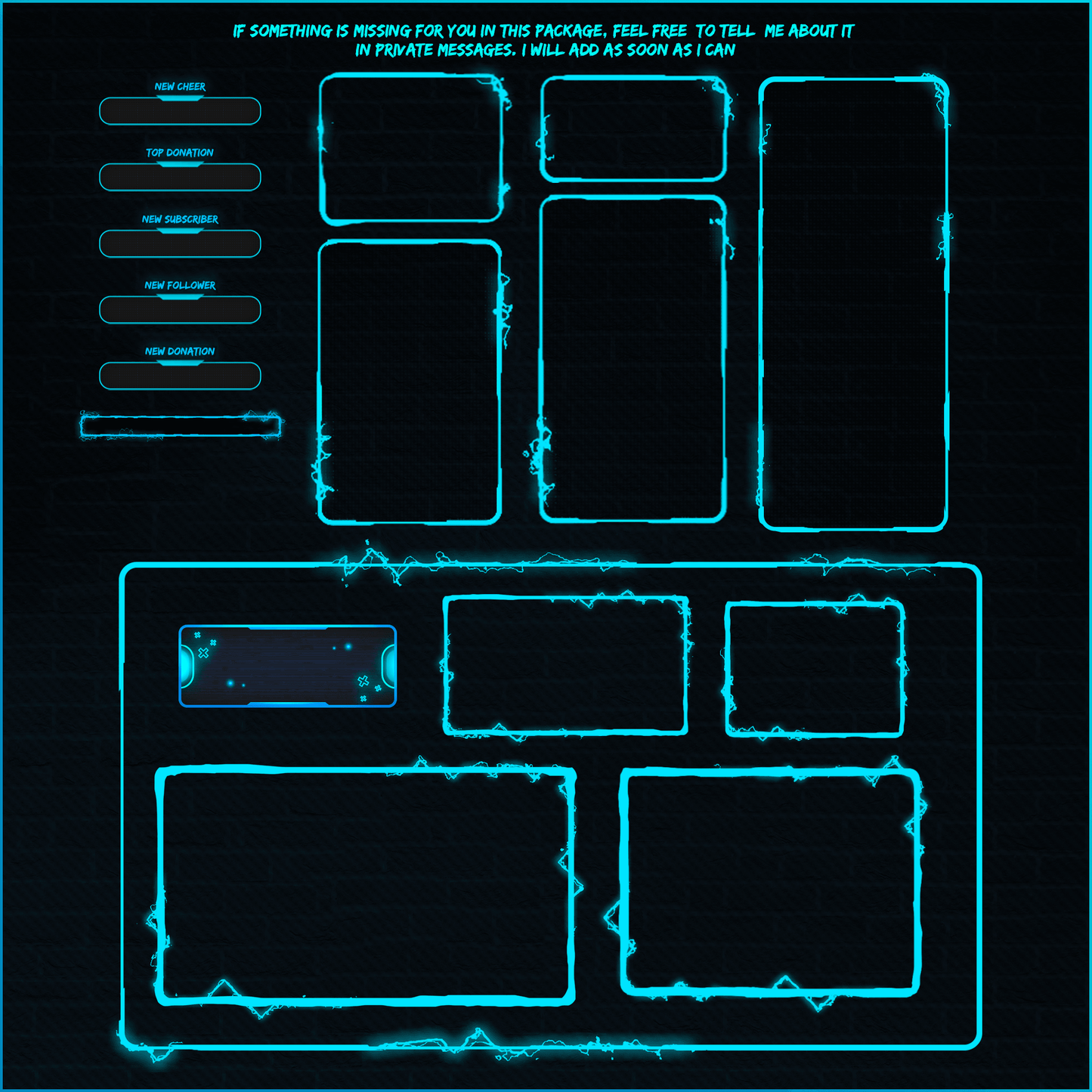 Blue neon stream overlays. Webcam frames, overlays, labels, screens.