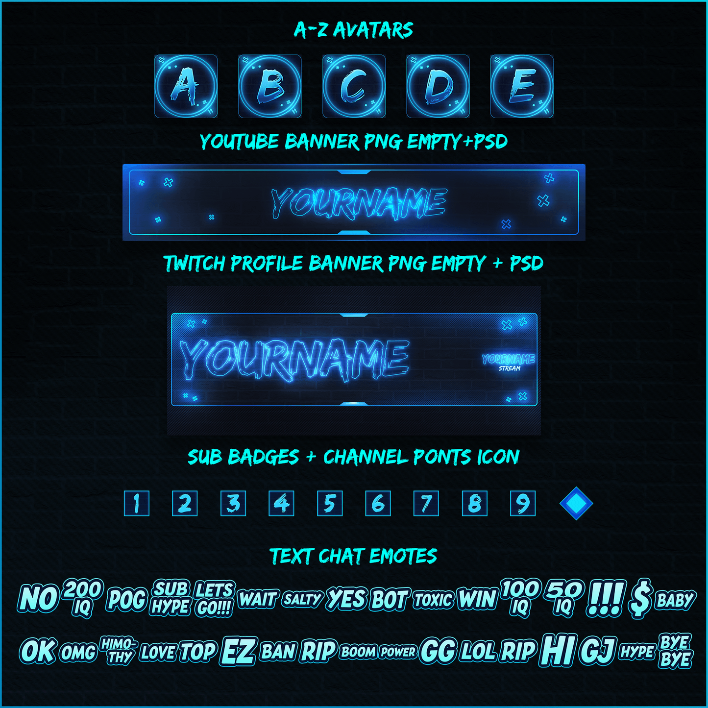Blue neon stream overlays. Avatars, banners, sub badges, emotes.