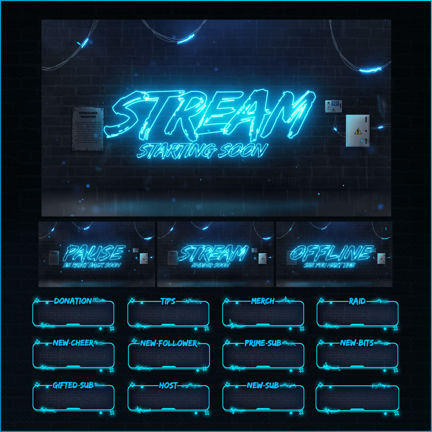 Black and white neon stream overlays. Stream Screens. Stream Alerts.