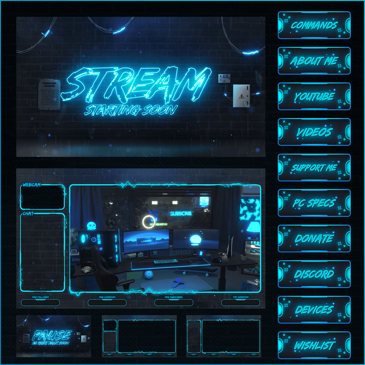 Blue neon stream overlays package. Neon stream panels. Screens.