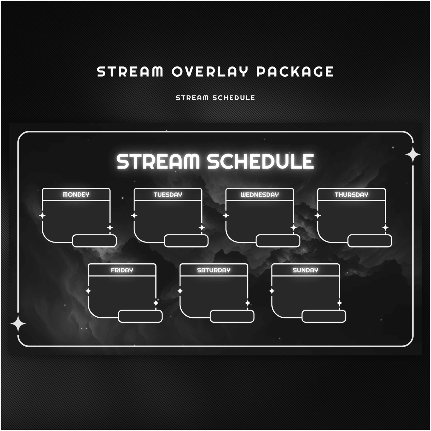 Black and white celestial stream schedule overlay.