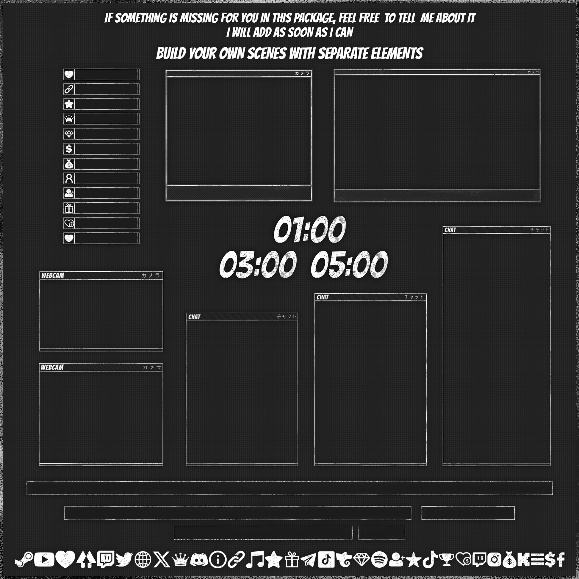 Dark anime stream overlays. Webcam overlays. Stream labels. Stream timers. Stream chat overlays. Text bars. Icons.