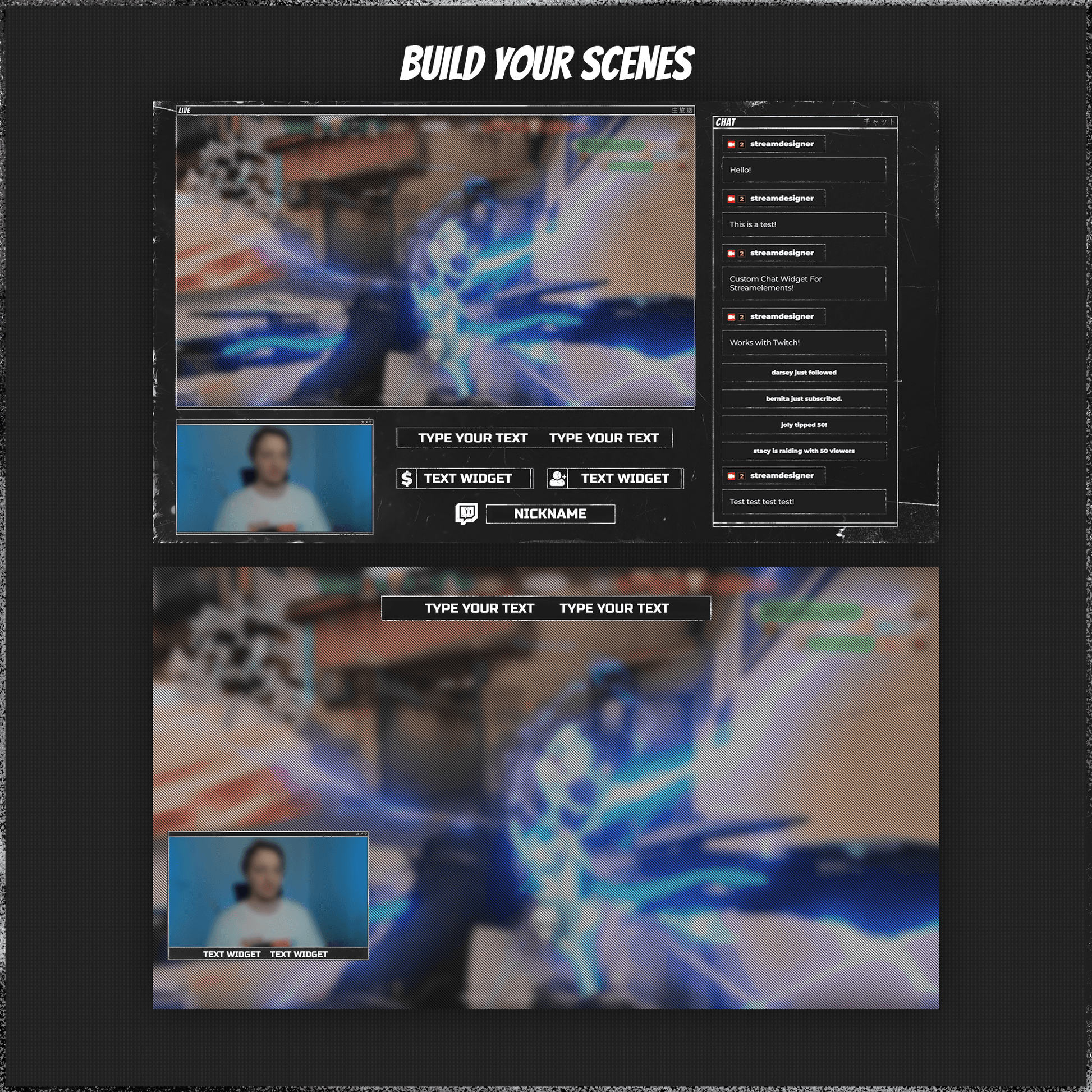 Dark anime stream overlays. Webcam overlays, screen overlays. Text bars. Icons. Stream labels.