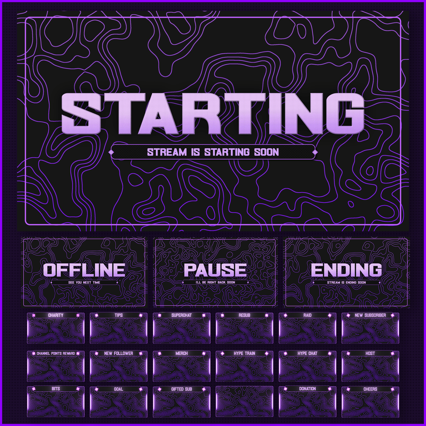 Purple stream overlays. Stream starting soon. Stream offline. Stream pause. Stream ending. Stream alerts.