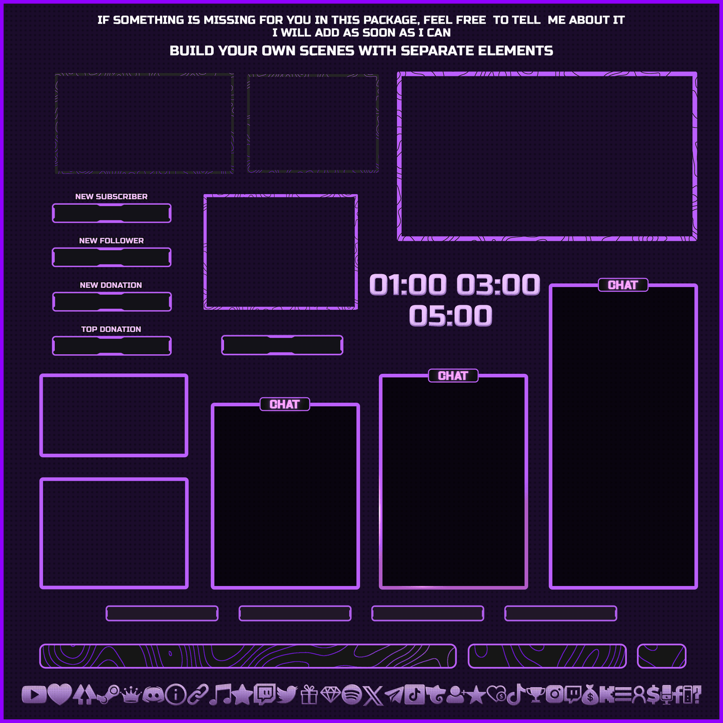 Purple stream overlays. Webcam overlays, timers, streamlabels, chat boxes, text bars, icons.