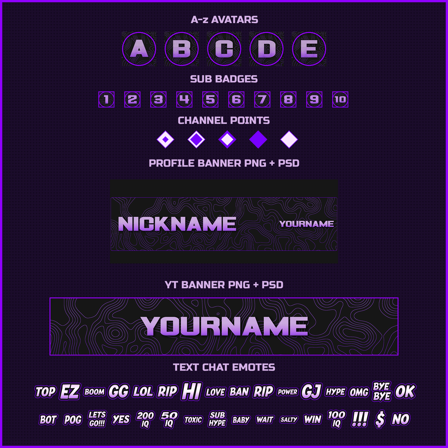 Purple stream overlays. Avatars, sub badges, channel points, twitch profile banner, youtube profile banner, chat emotes.