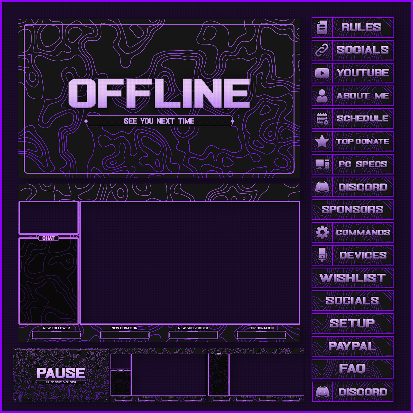 Purple stream overlays. Offline stream. Panels. Intermission screen. Stream Pause. Just chatting.