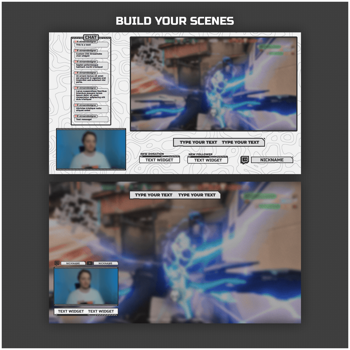 White stream overlays. Chat boxes, frames, stream labels, text bars, socials.