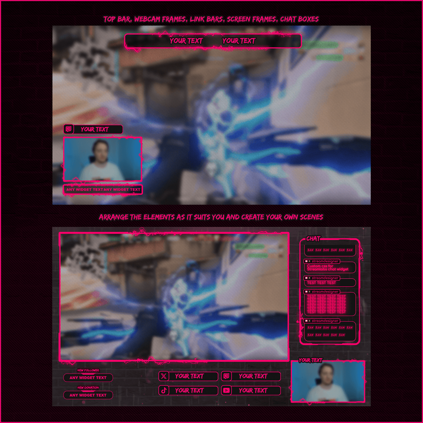 Pink neon stream overlays. Text bar. Icons, webcam overlays, stream chat, stream labels.