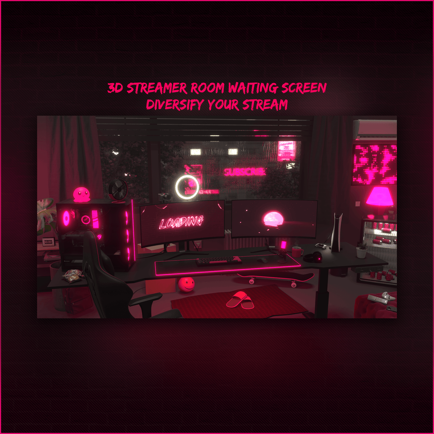 Pink neon stream overlays. Streamer room animated screen.