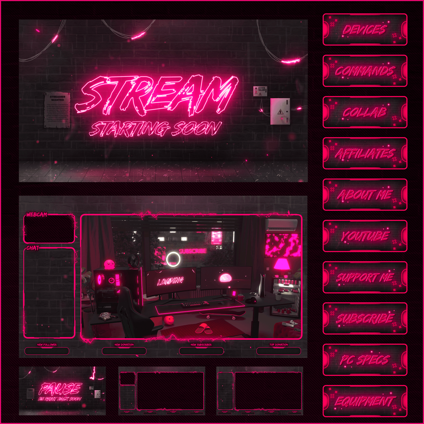 Pink neon stream overlays. Stream starting soon. Stream panels. Intermission screen. Stream pause. Just chatting screen overlay.