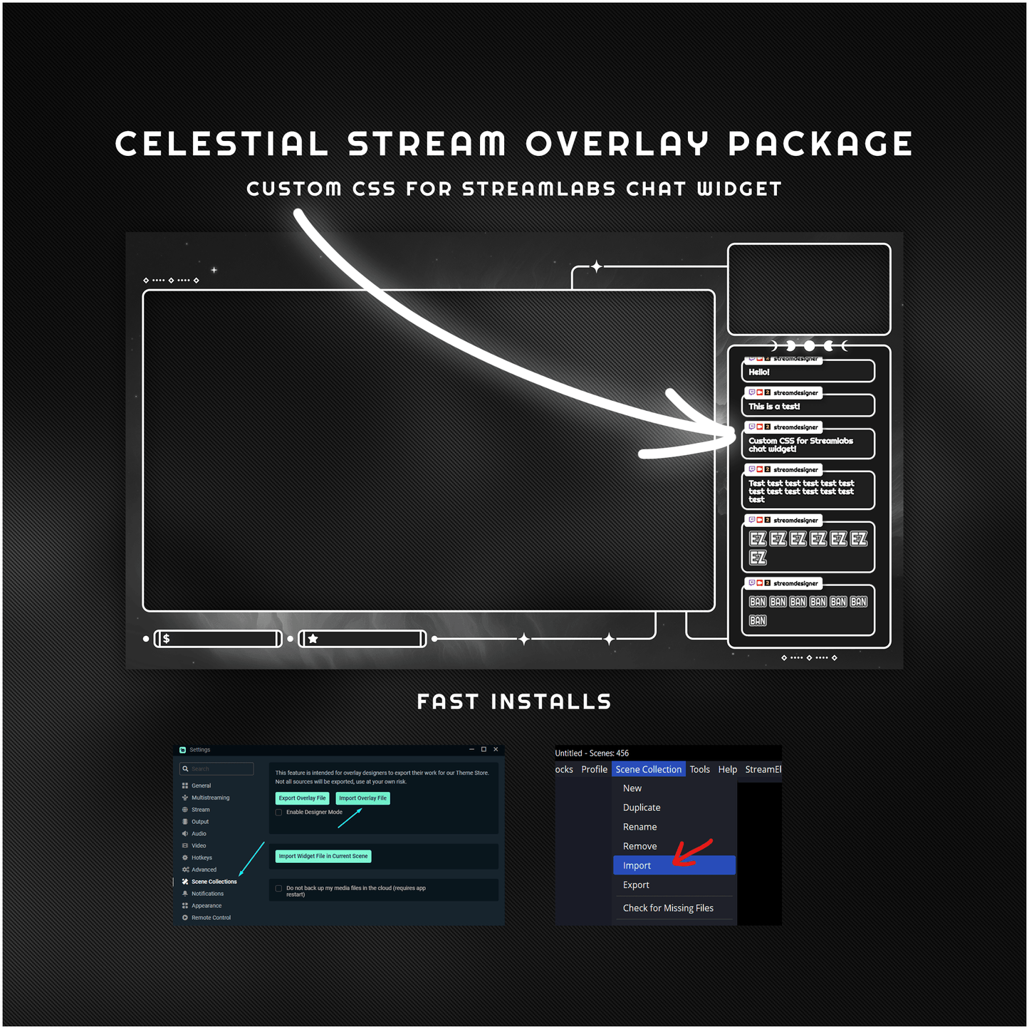 Black and white celestial stream overlays. Stream chat.