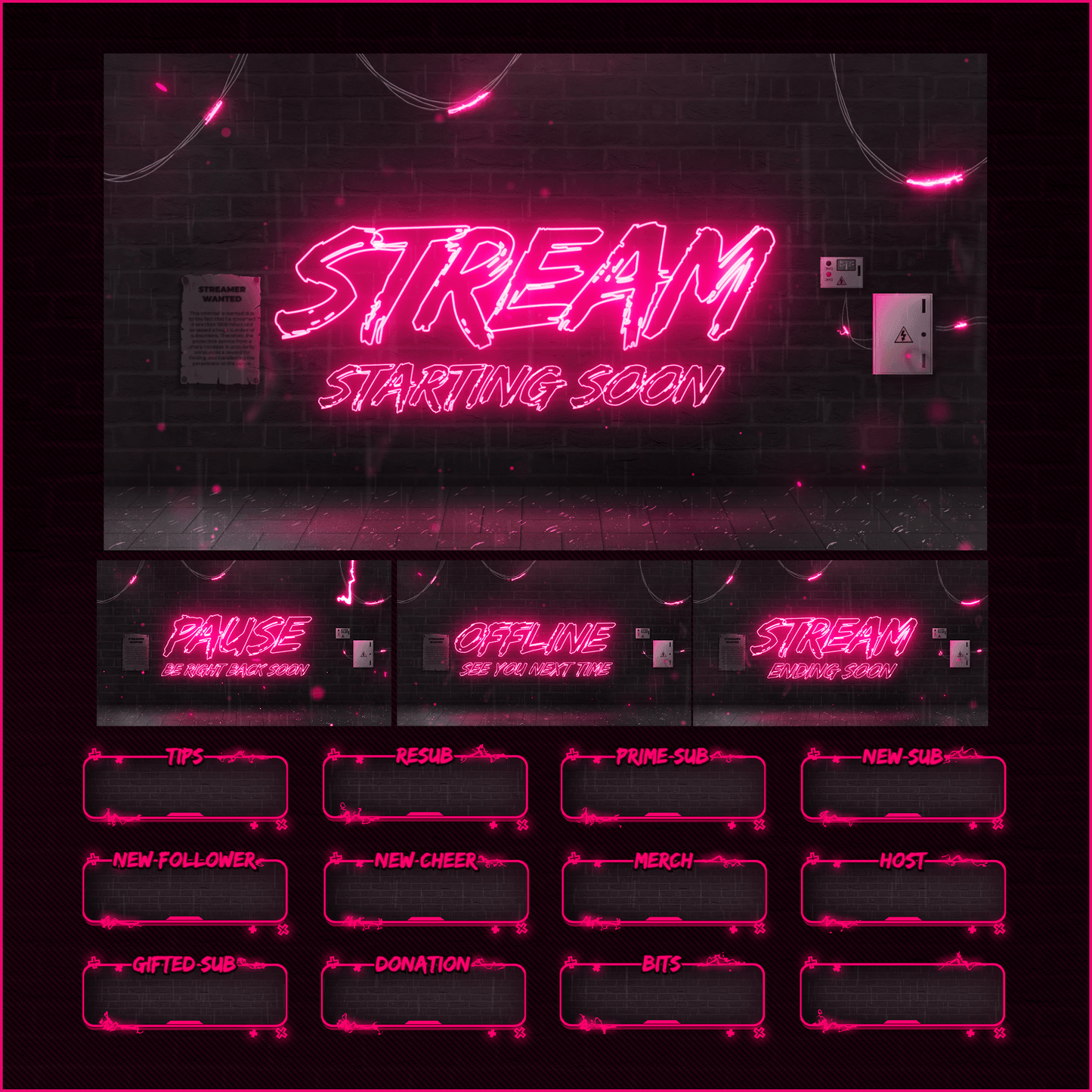 Pink neon stream overlays. Stream starting soon, Pause, Offline, Ending soon. Stream alerts.
