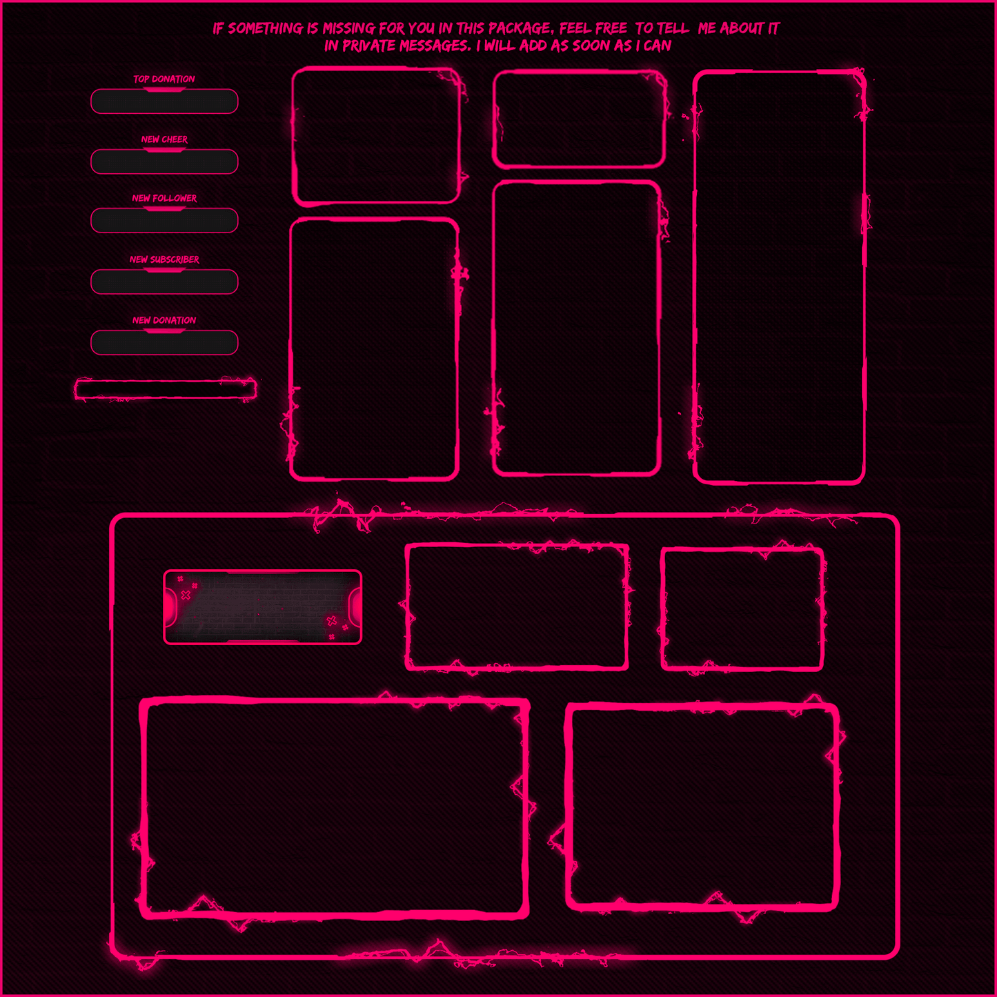 Pink neon stream overlays. Webcam overlays. chat boxes. stream labels, text bars.