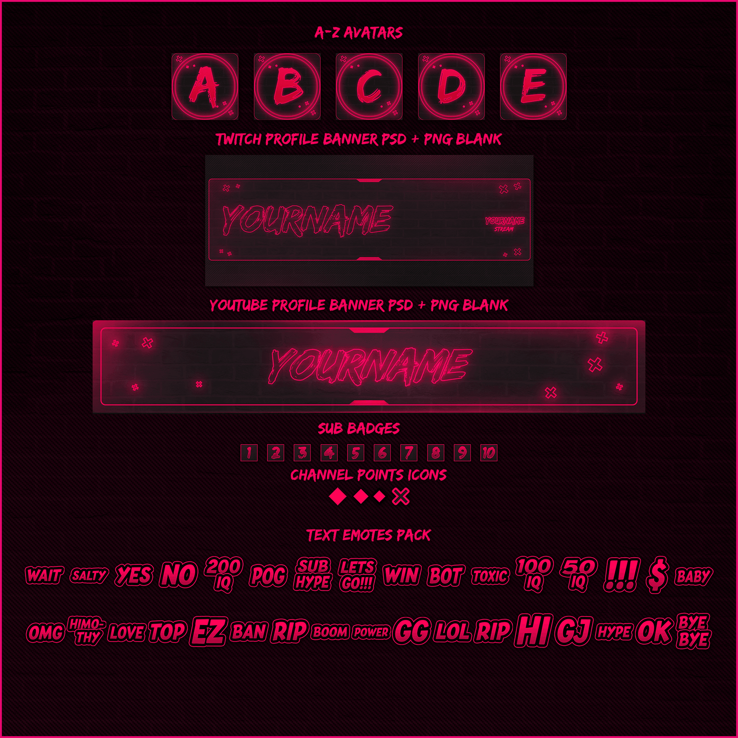 Pink neon stream overlays. Avatars, twitch profile banner, youtube profile banner, sub badges, text emotes.