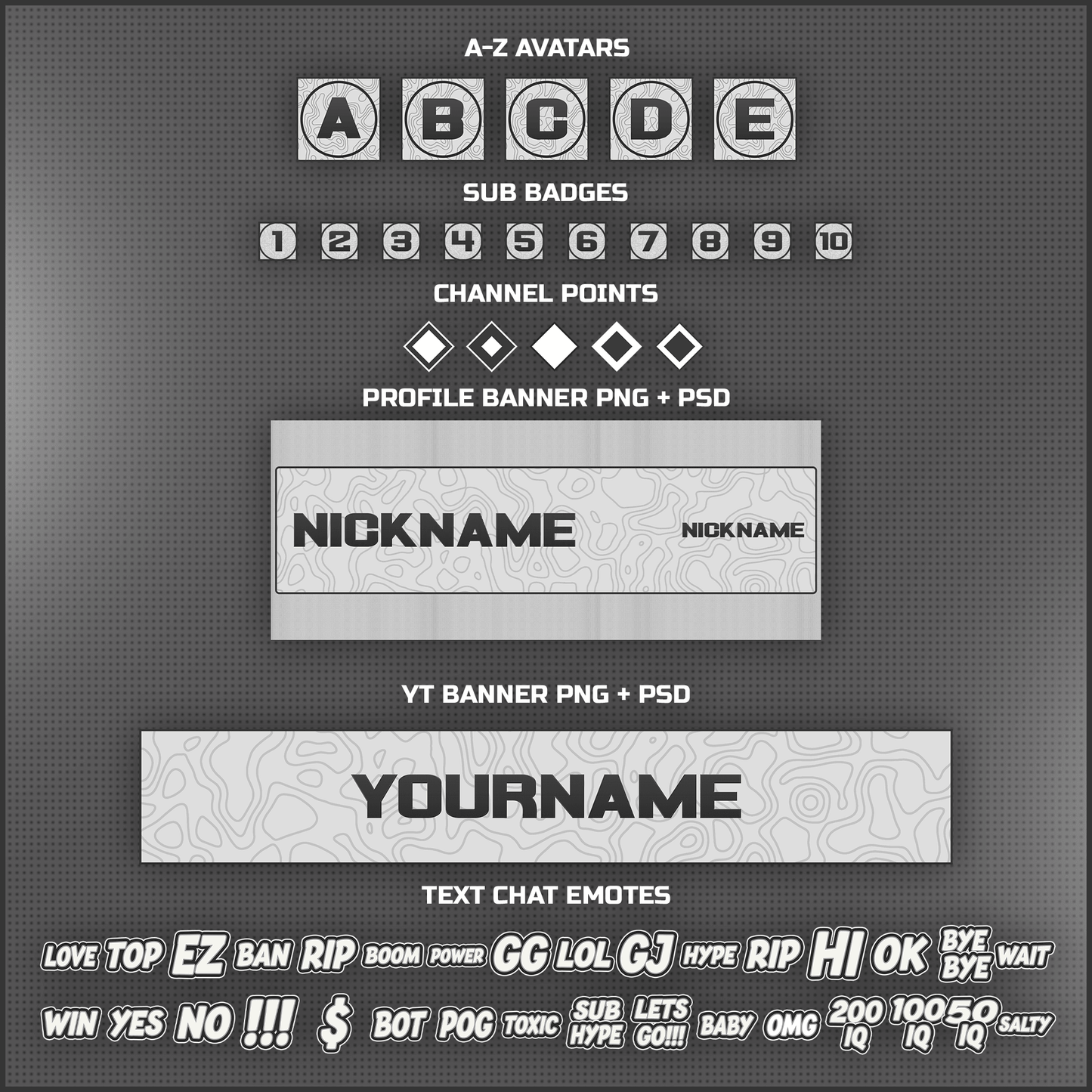 White stream overlays. Avatar, sub badges, channel points, profile banner, youtube profile banner, chat emotes.