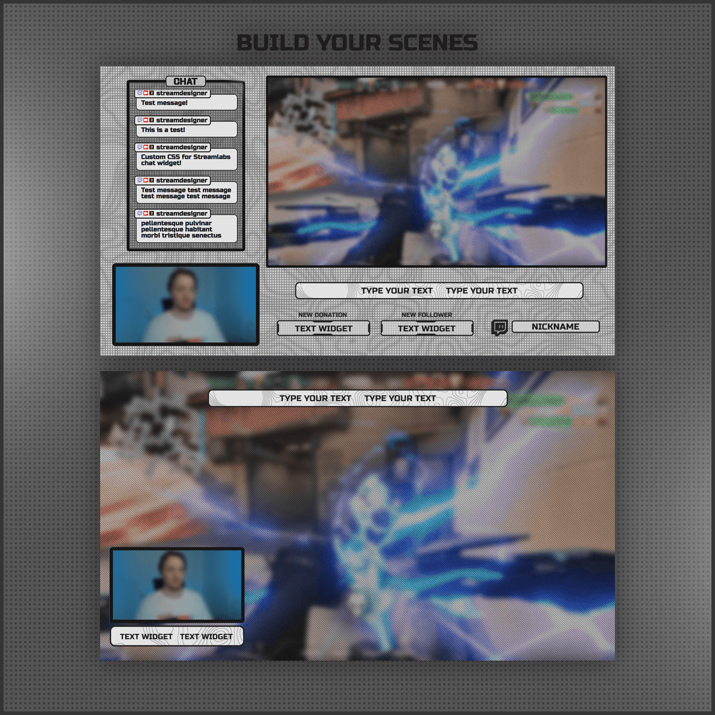 White stream overlays. Webcam overlay, chat box, bars.