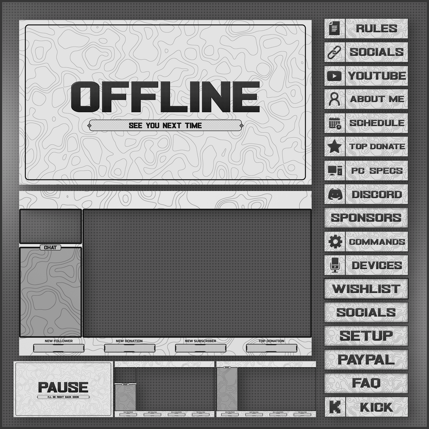 White stream overlays package - offline screen, panels, intermission screen, pause screen