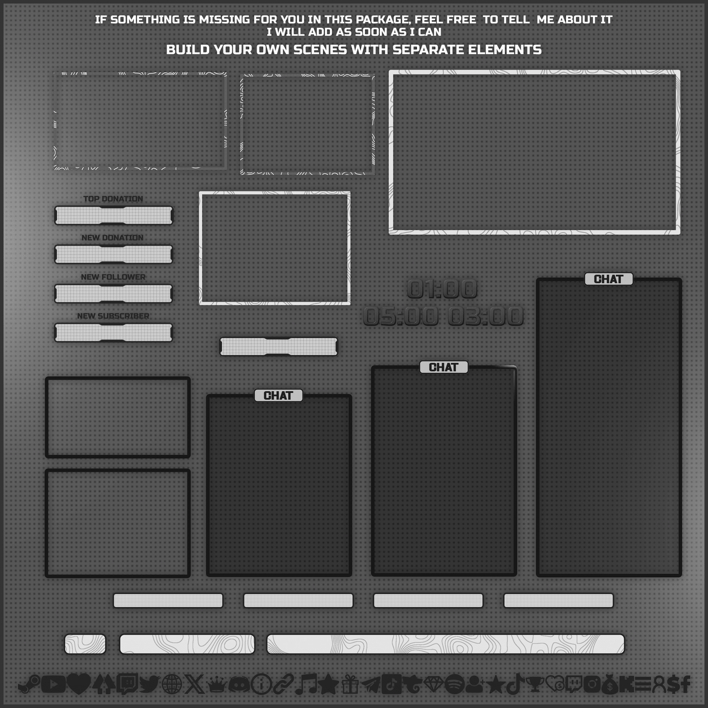 White stream overlays. Webcam overlays, streamlabels, timers, chat boxes, bars, icons