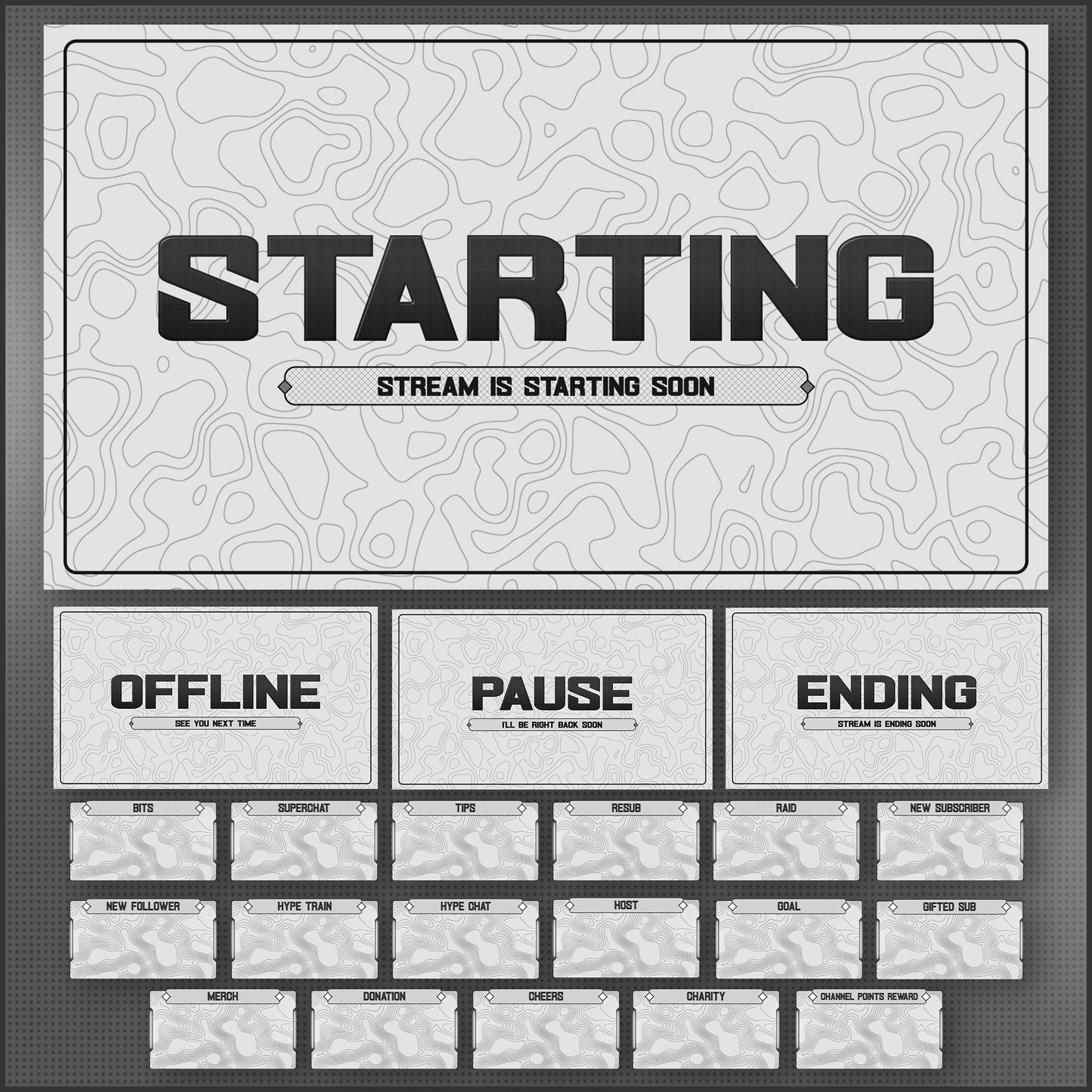 white stream overlays - starting soon screen, offline screen, pause screen, ending soon, Stream alerts.