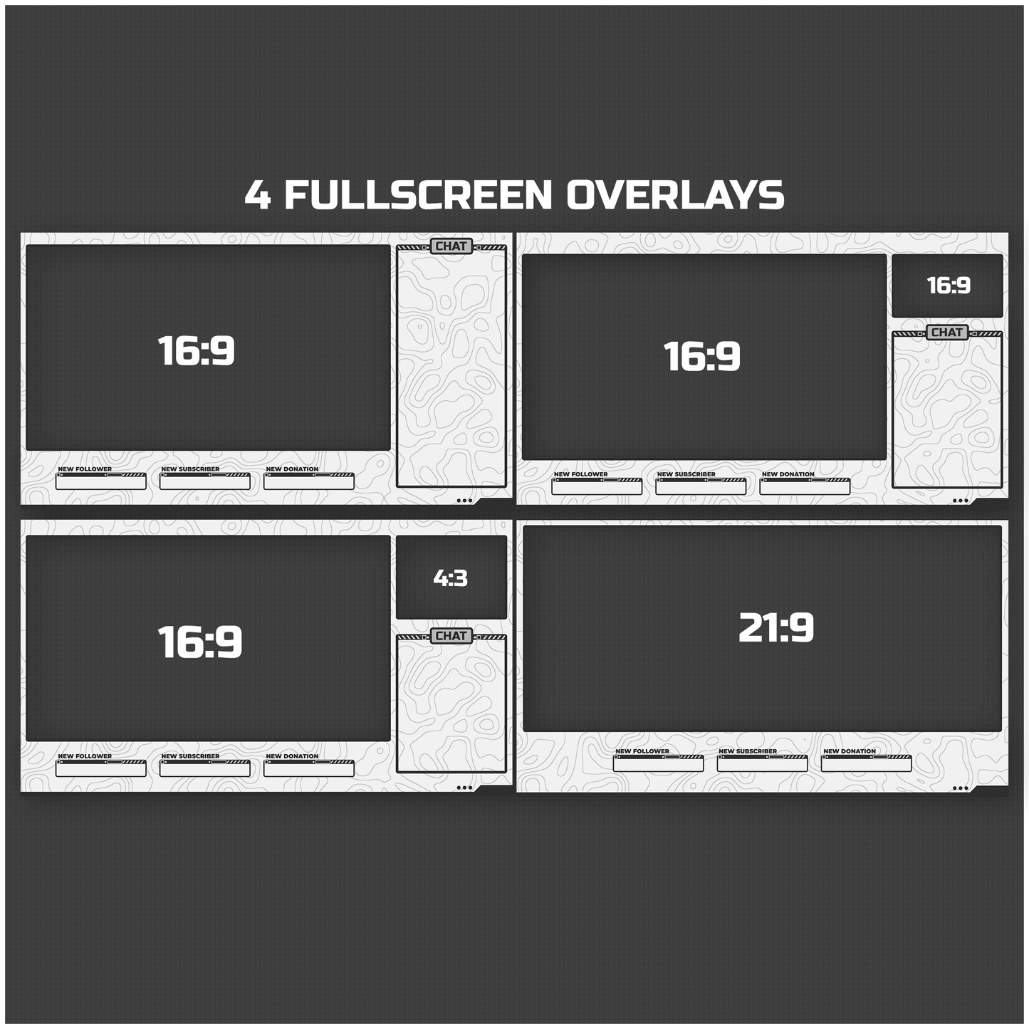 White stream overlays. Fullscreen stream overlays. Intermission screen overlays. Just chatting screens.