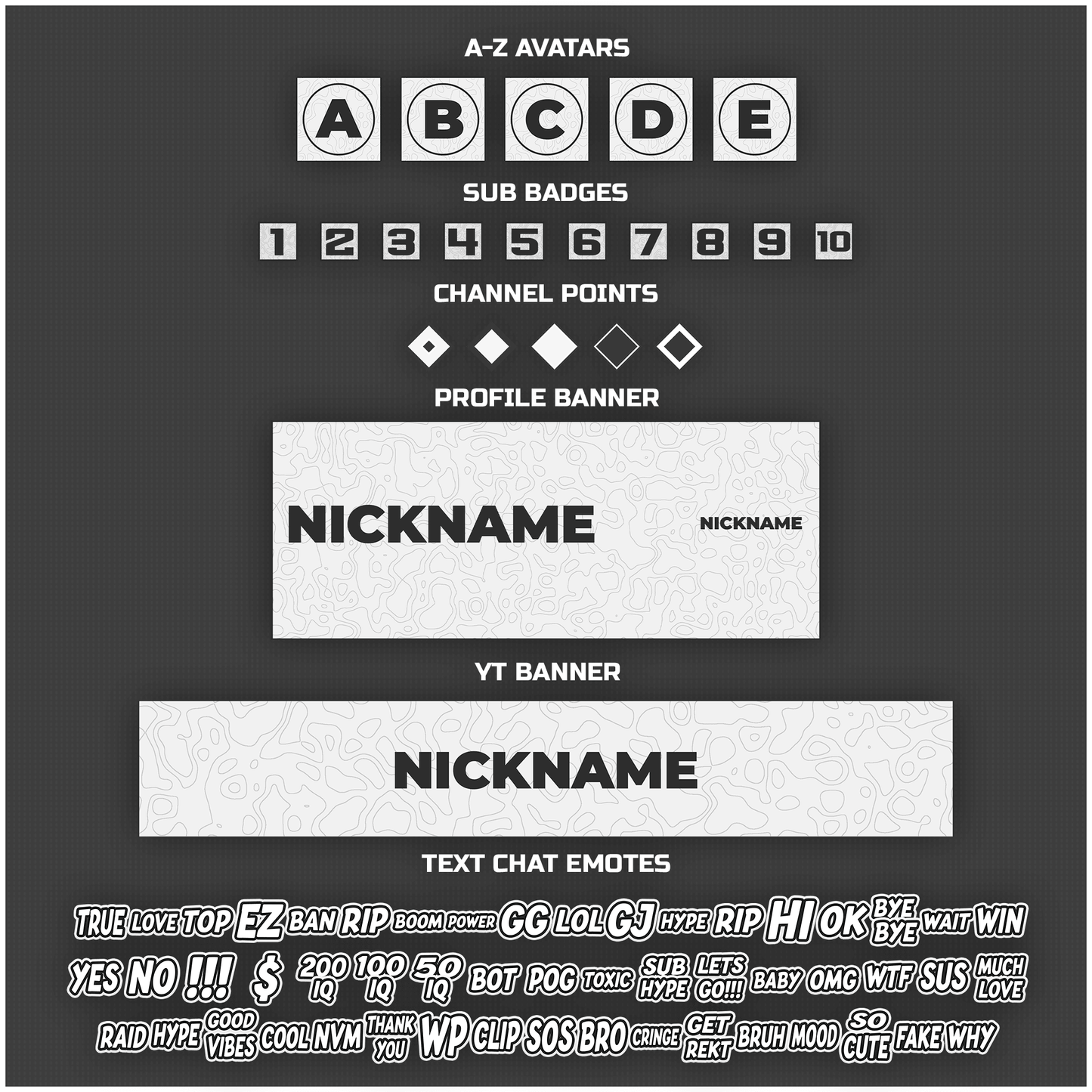 White stream overlays package. Avatars, sub badges, channel points, profile banner, youtube banner, text chat emotes.