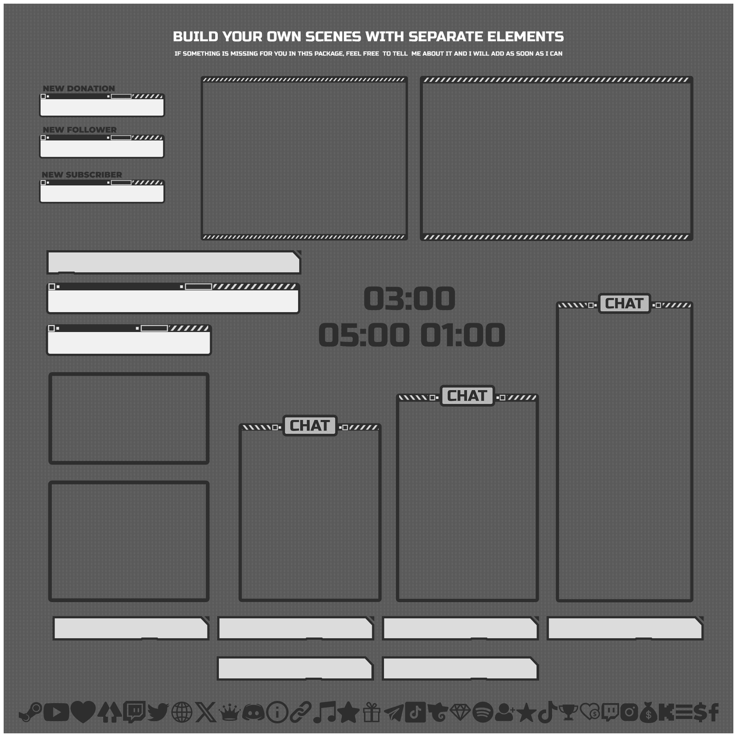 White stream overlays package. Stream labels, webcam overlays, timers, chat boxes, text bars, socials.