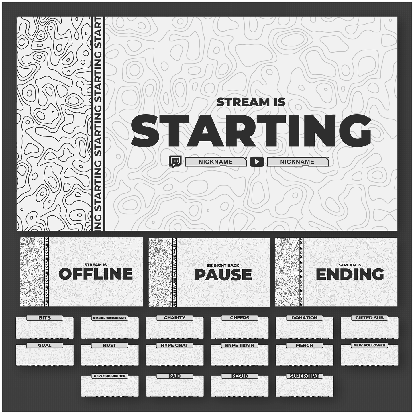 White stream overlays. Stream screens. Starting, Offline, Pause, Ending. Stream alerts.