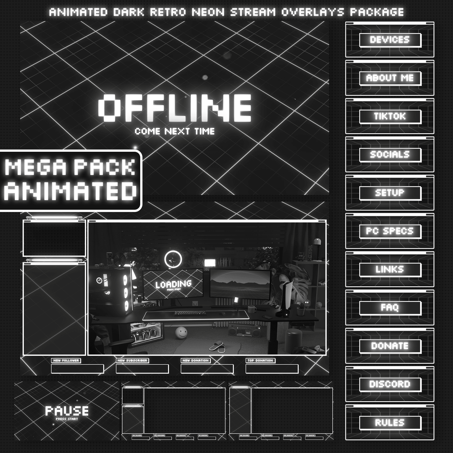 Dark retro neon stream overlays, offline banner, panels, intermission screen, pause screen, frames
