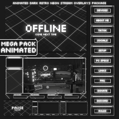 Dark retro neon stream overlays, offline banner, panels, intermission screen, pause screen, frames