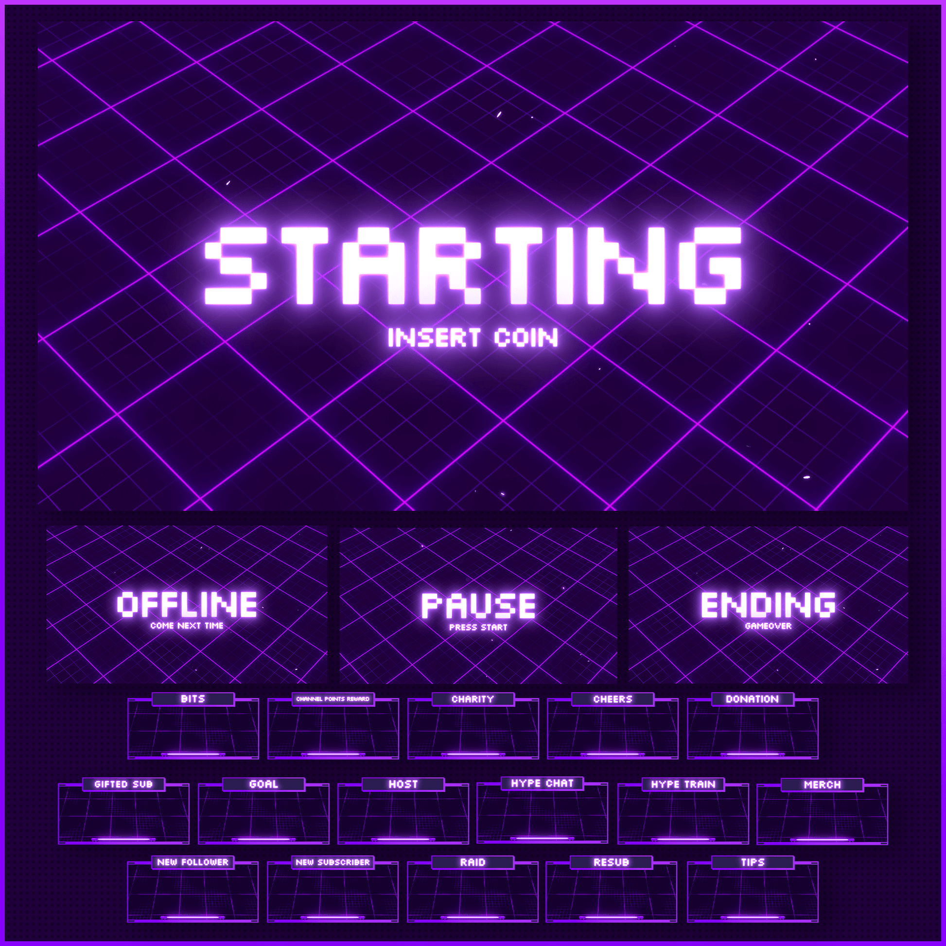 Purple retro neon stream overlays. Stream Starting. Stream offline. Stream alerts. 
