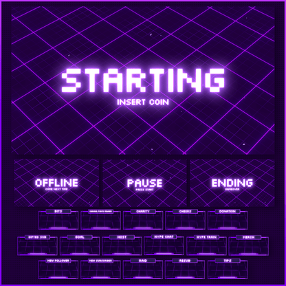 Purple retro neon stream overlays. Stream Starting. Stream offline. Stream alerts. 