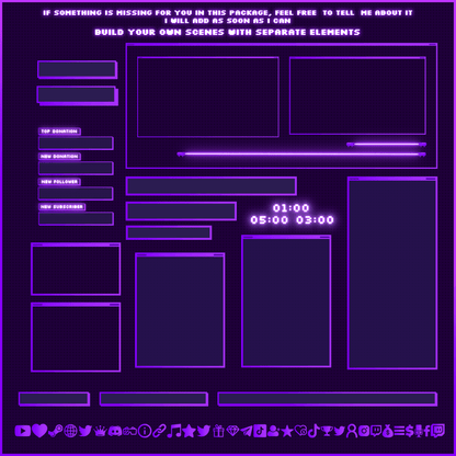 Purple retro neon stream overlays. Neon lamps. Webcam overlays. Text bars. Stream labels. Chat boxes. Stream icons. 