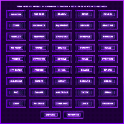 Purple retro neon stream overlays. Stream panels. 
