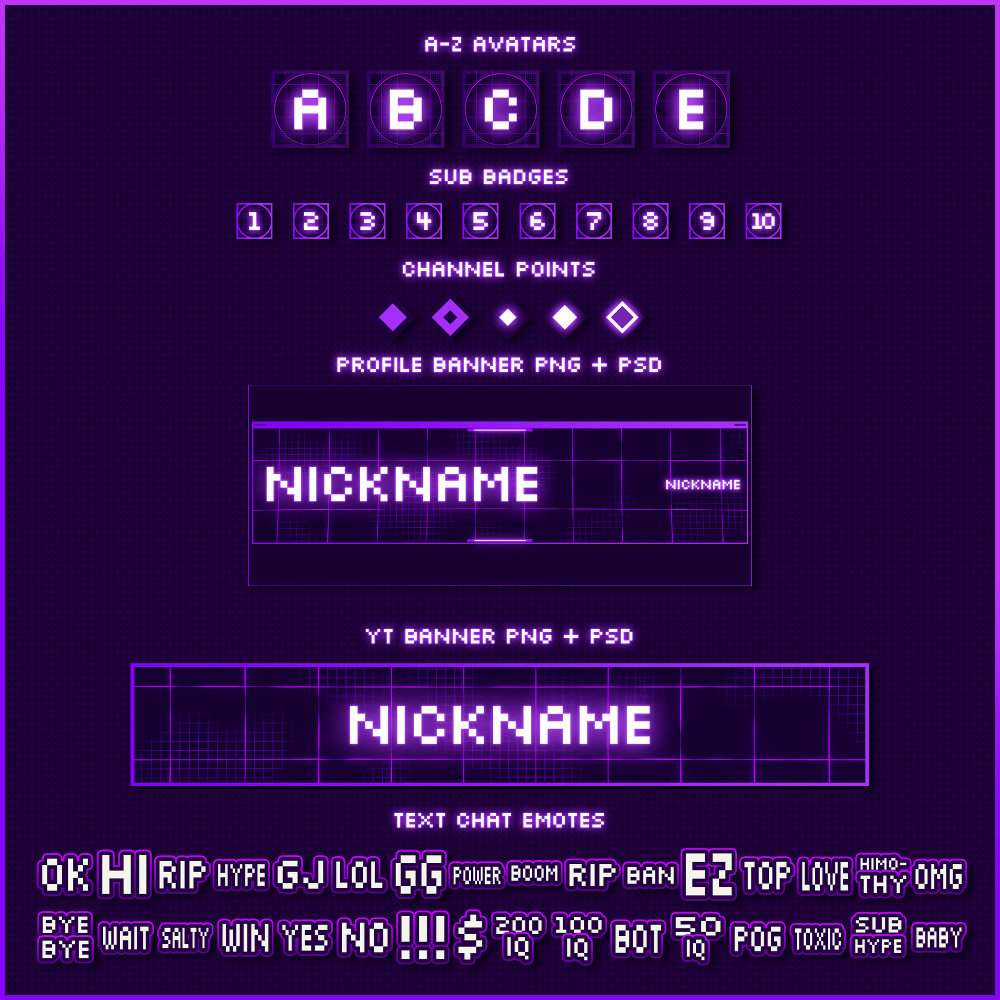 Purple retro neon stream overlays. Avatars, sub badges, profile banner, youtube banner, chat emotes. 