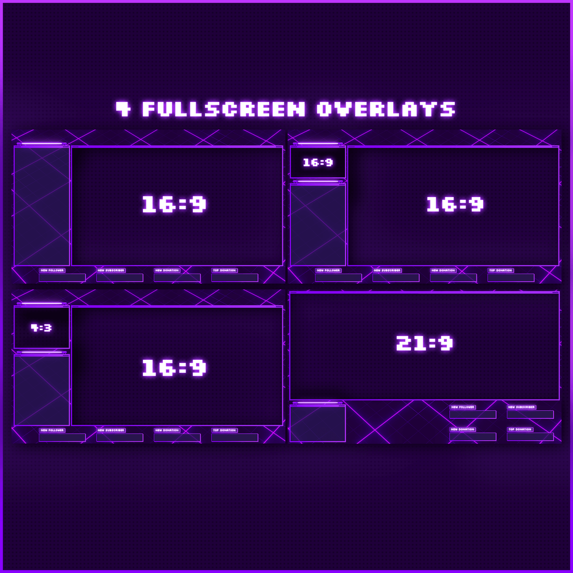 Purple retro neon stream overlays. Fullscreen overlays. Just chatting scene. 
