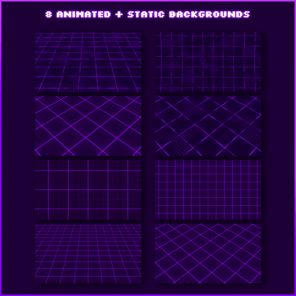 Purple retro neon stream overlays. Animated backgrounds. 