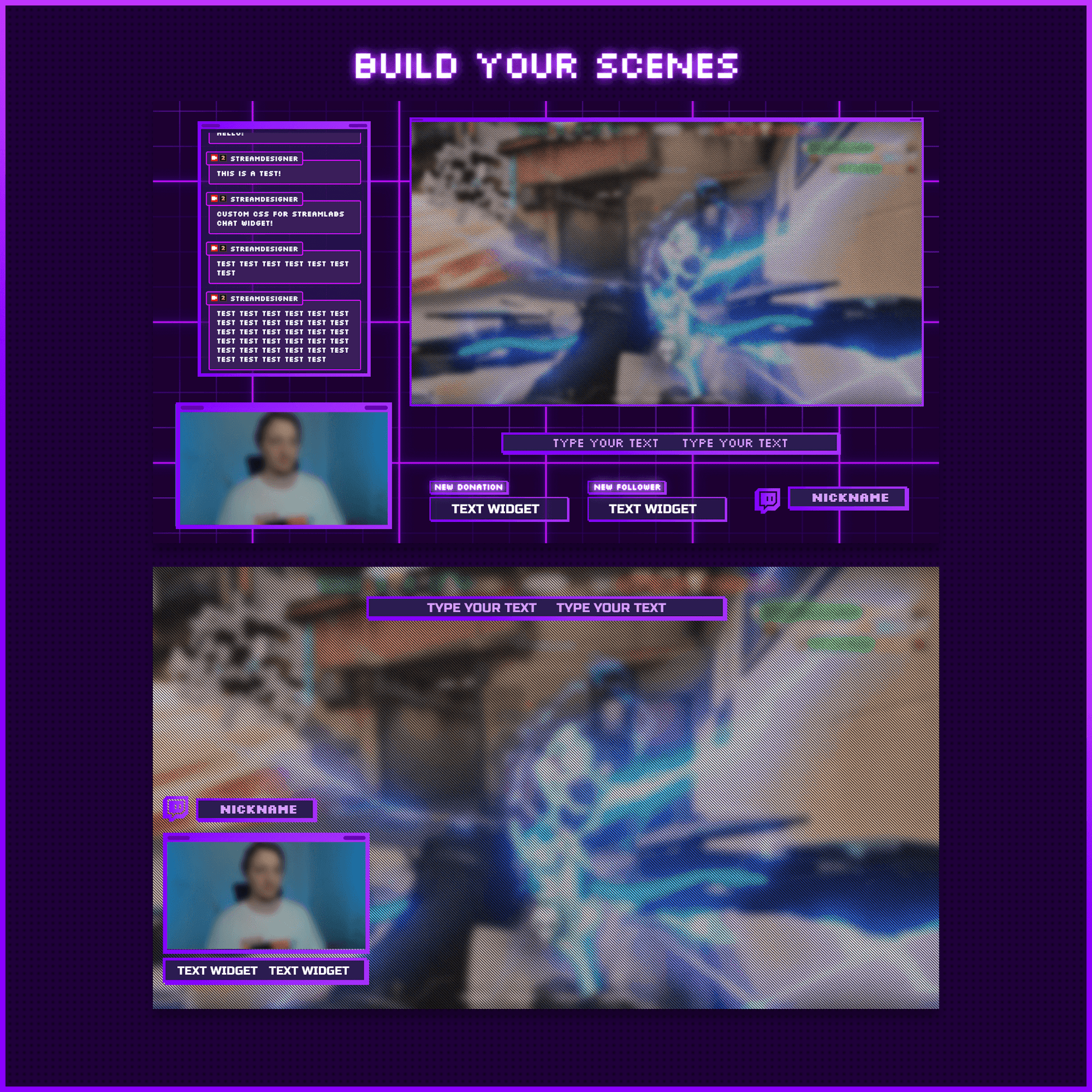 Purple retro neon stream overlays. Webcam overlays, screen frames, stream labels, text bars, socials. 