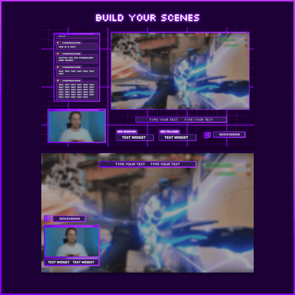 Purple retro neon stream overlays. Webcam overlays, screen frames, stream labels, text bars, socials. 