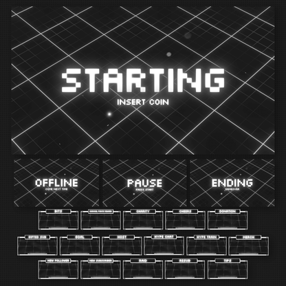 Dark retro neon stream overlays screens, stream alerts, starting soon screen, offline screen, pause screen, ending screen