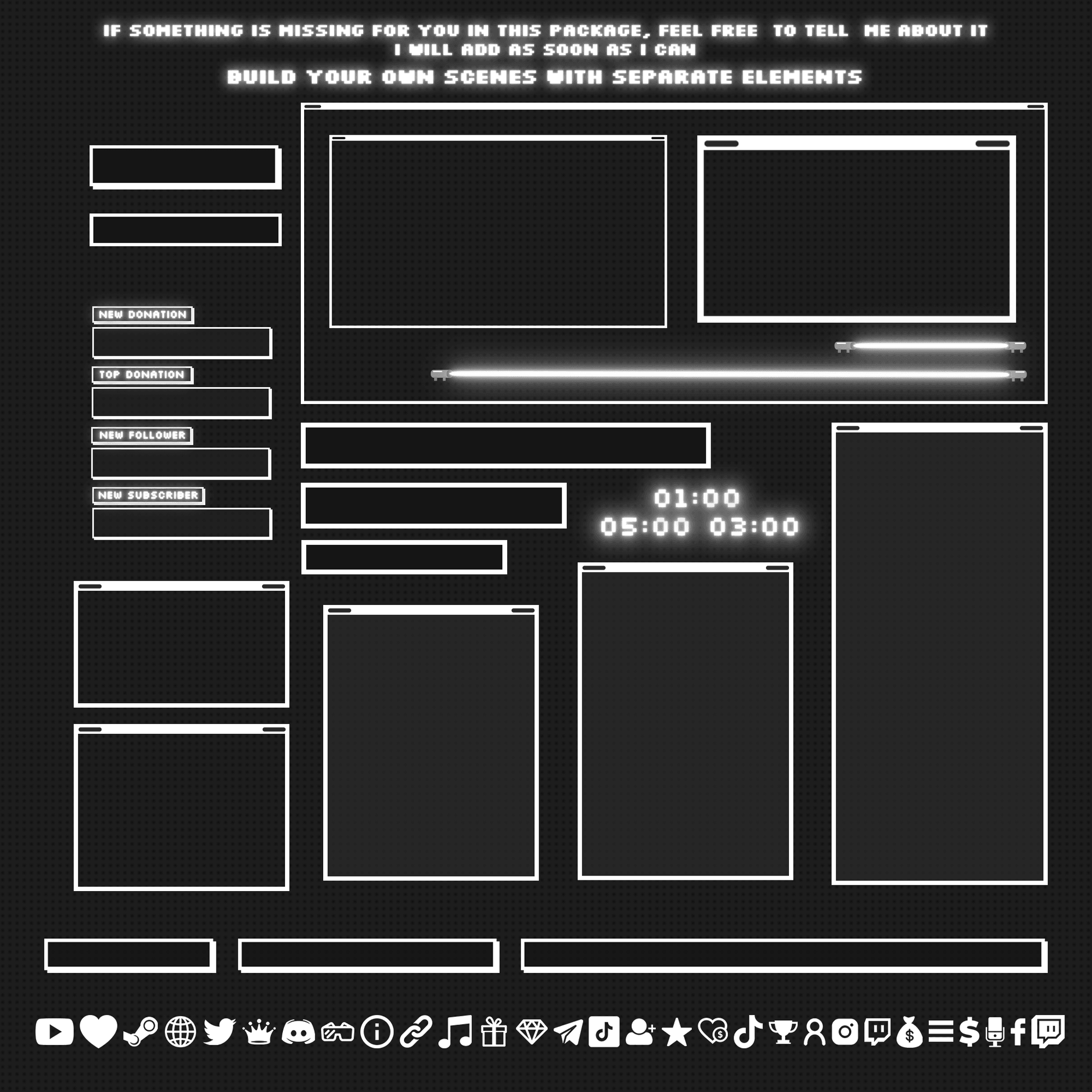 Dark retro neon stream overlays, webcam overlays, chat boxes, stream screens and frames, streamlabels, icons, text holders, stream timers